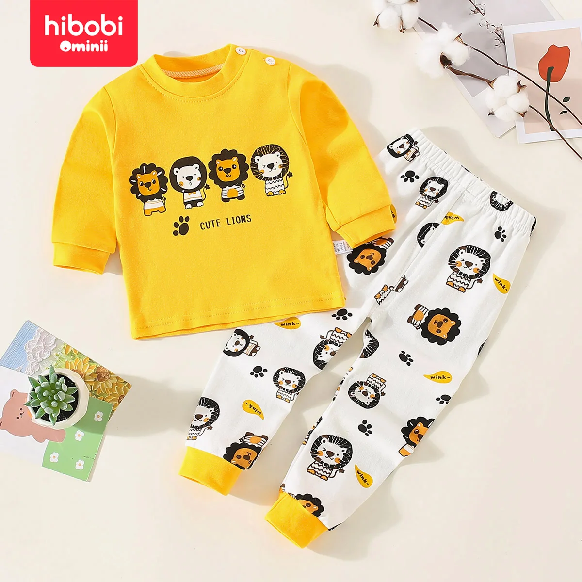Hibobi 2 pièces printemps enfant en bas âge garçon pur coton dessin animé Lion imprimé haut à manches longues et pantalon de couleur unie pour 1-4 ans