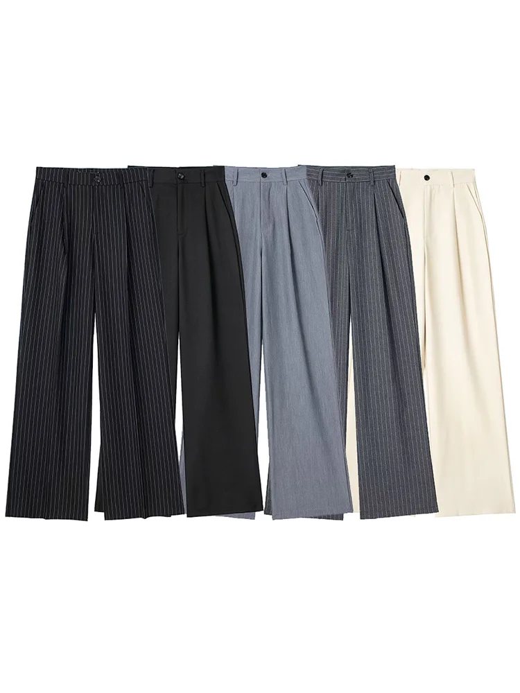 Willshela femmes mode solide plissé avant fermeture éclair pantalon à jambes larges Vintage taille haute pleine longueur femme Chic dame pantalon