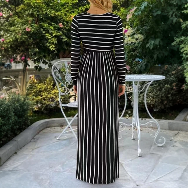 Robe Longue de Grossesse à Rayures et Col Rond pour Femme Enceinte, Vêtement Maxi à la Mode, Nouvelle Collection Automne Hiver 2024 – Image 5