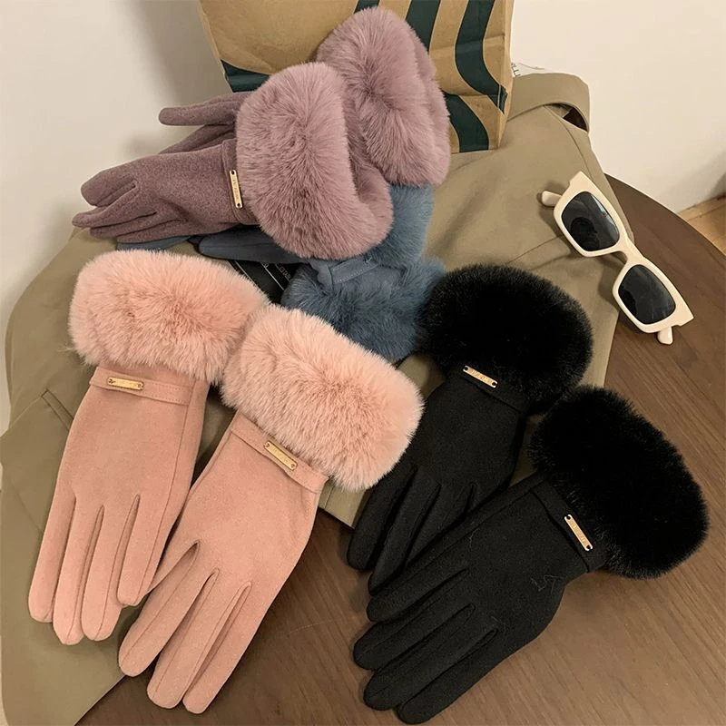 Gants chauds en fourrure pour femmes, à la mode, automne hiver, mignons, mitaines à doigts complets, pour Sport de plein air, cyclisme