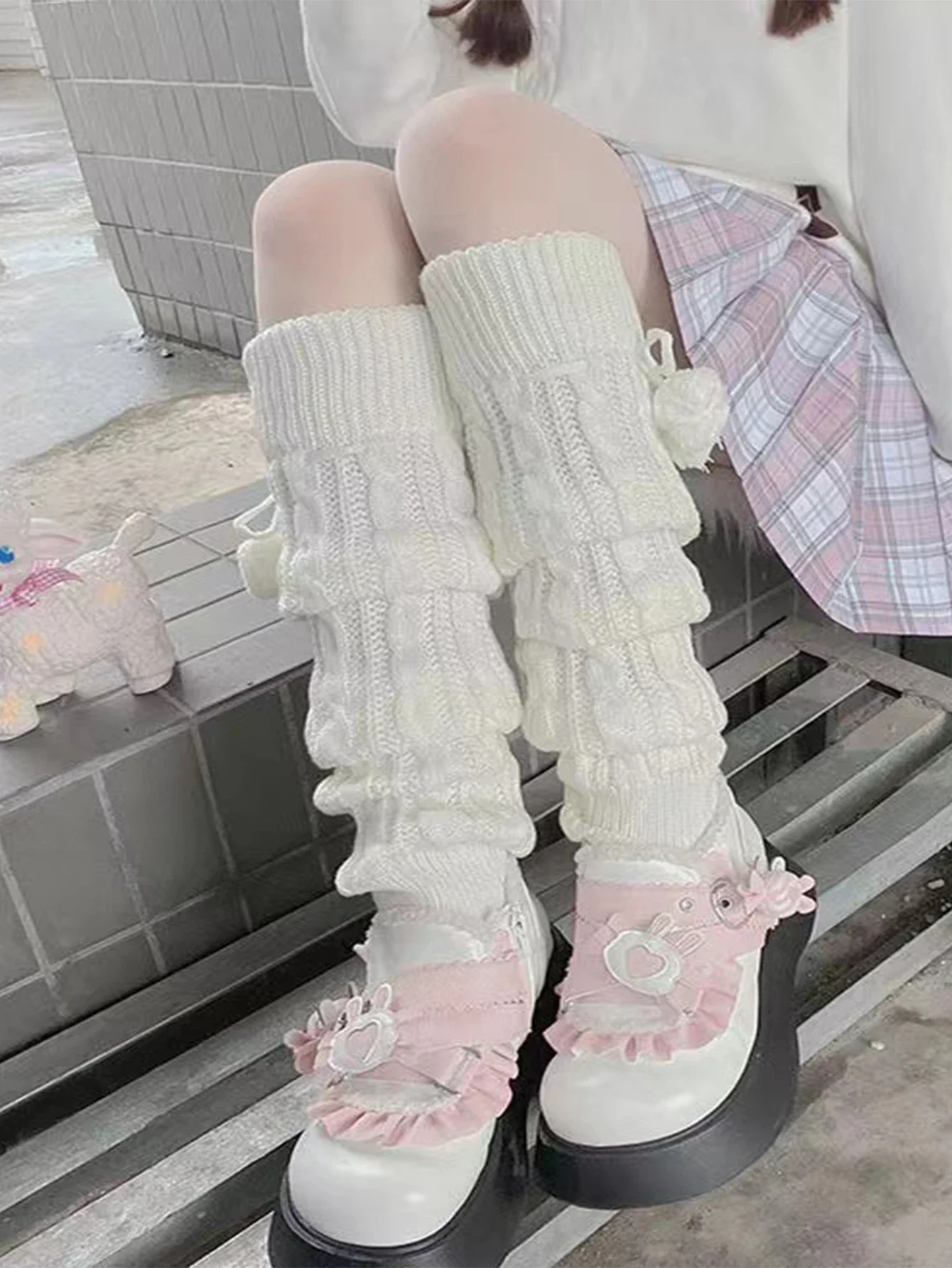 Une paire de chaussettes Lolita Harajuku de Style japonais, ensemble mignon, tricoté blanc, sangle Jk, ensemble de jambes longues pour femmes, chauffe-pieds