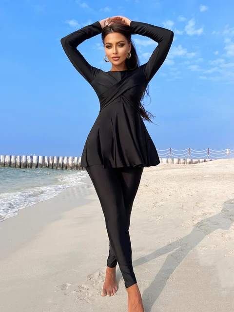 Peachtan-Maillot de bain à manches longues pour femme musulmane, tenue de plage solide, noir, été, 2024 – Image 4