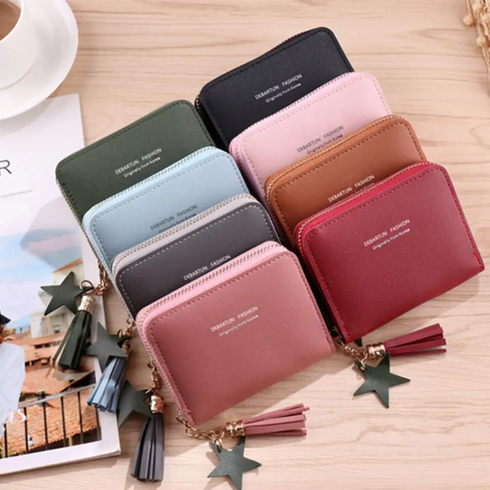Petit portefeuille carré simple pour femme, fermeture éclair courte, mini porte-monnaie à pompon, pochette femme, porte-cartes, style coréen, nouveau