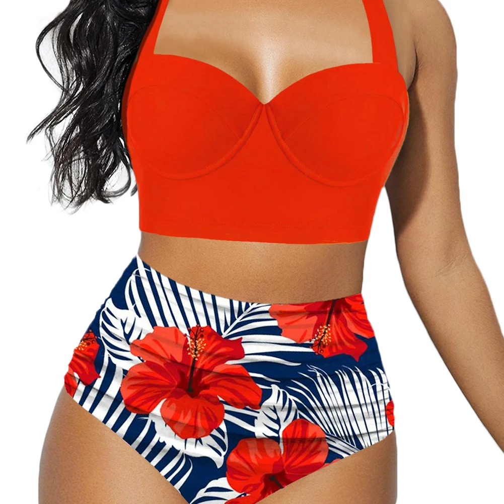 Maillot de bain imprimé fleuri pour femme, ensemble bikini push up, taille haute, sexy, slim, été