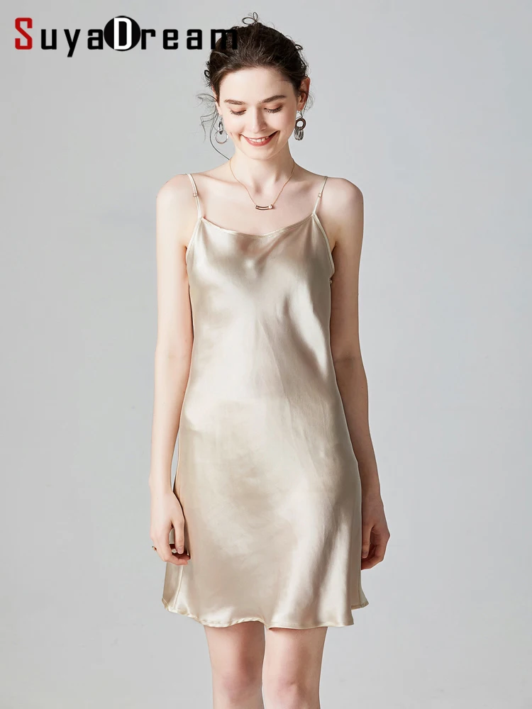 SuyaDream – Mini robe en soie véritable pour femme, sans manches, couleur unie, bretelles Spaghetti, vêtements élégants et chics, 19mm, 100%, 2022