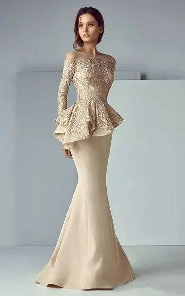 Robe de mère de la mariée en dentelle de satin administrante à manches longues de sirène, longueur au sol, fermeture à glissière au dos