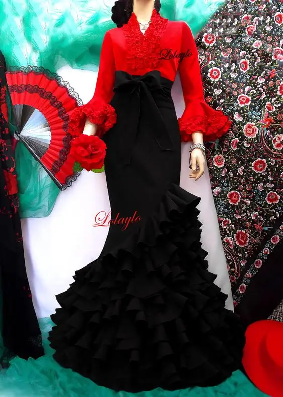 Robe de soirée sirène à volants avec manches longues, robes d'occasion, Rhà plusieurs niveaux, rouge, noir, phtalenca espagnol, 2025