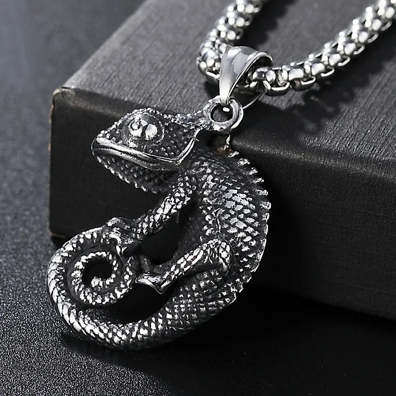 Collier pendentif caméléon gothique en acier inoxydable pour hommes, bijoux punk, motard, animal, cool, mode, livraison directe, PRShipping