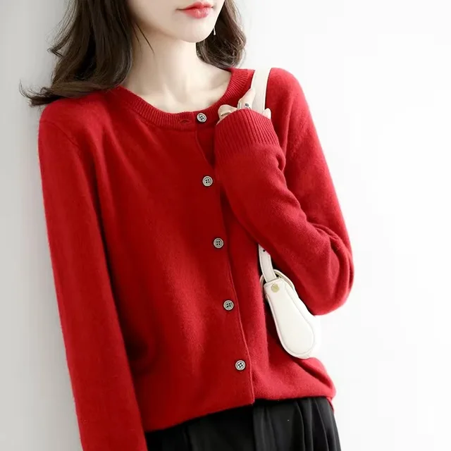 Femmes Cardigans pull col rond printemps automne tricoté cachemire Cardigans solide simple boutonnage femmes chandails DF4934 – Image 4