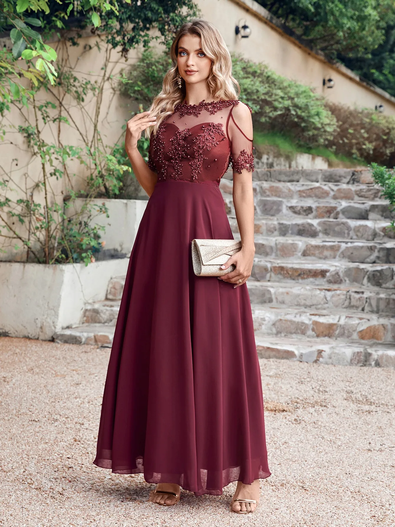 Robe de Bal en Dentelle avec des Appliques en Tulle, Ligne A, Manches Courtes, Élégante, Formelle, pour Soirée de Mariage, Éducative
