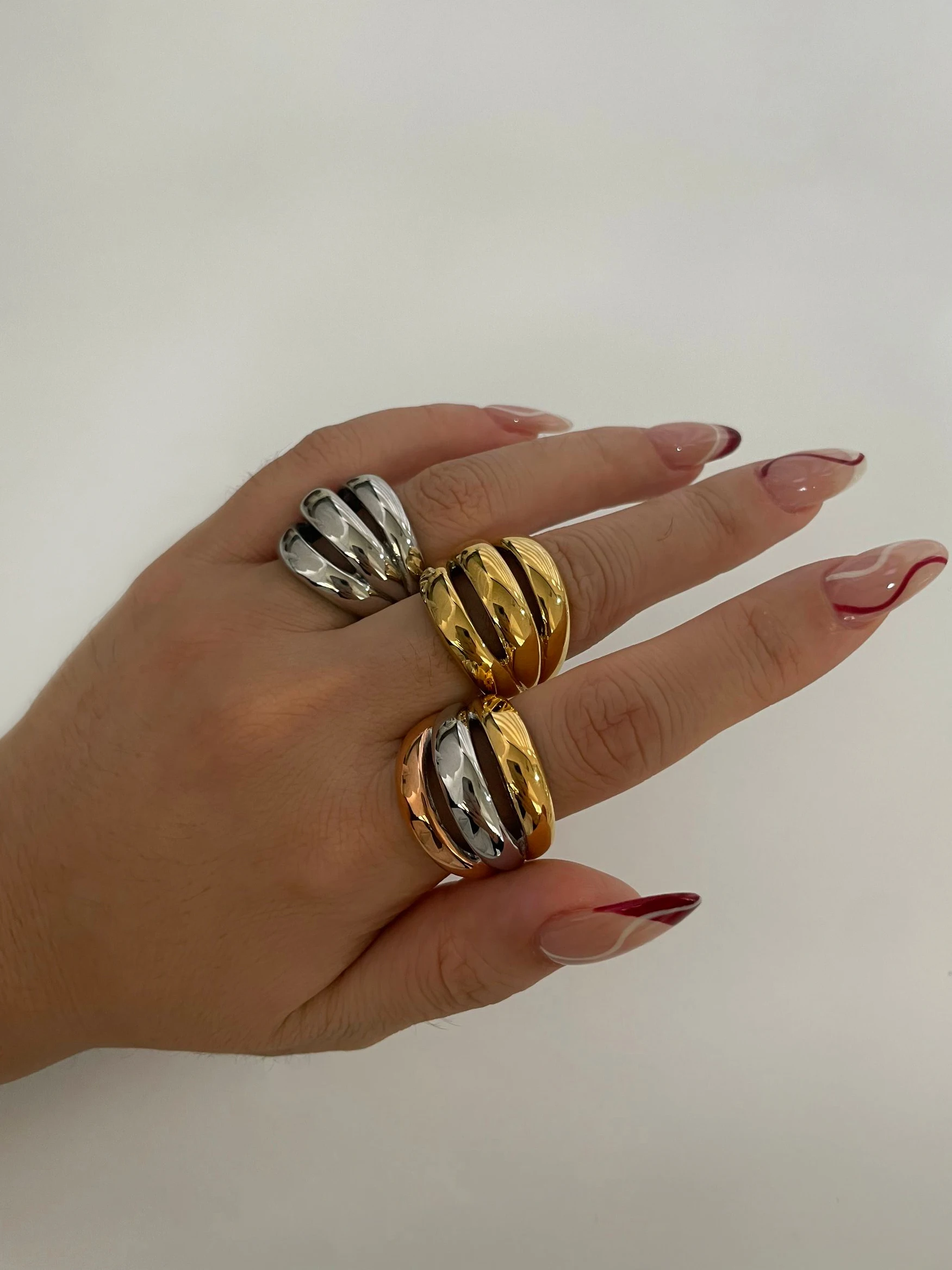 Peri'sbox – bague en acier inoxydable plaqué or argent 18 carats, 3 couleurs d'épissure, dôme épais, anneaux creux multicouches pour femmes et hommes, unisexe
