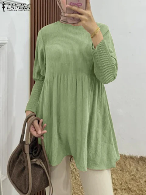 ZANZEA-Abaya musulmane à manches longues pour femmes, chemisier plissé, chemise de travail élégante, vêtements islamiques, monochromatique, Turquie, Y-Caftan, adt – Image 2