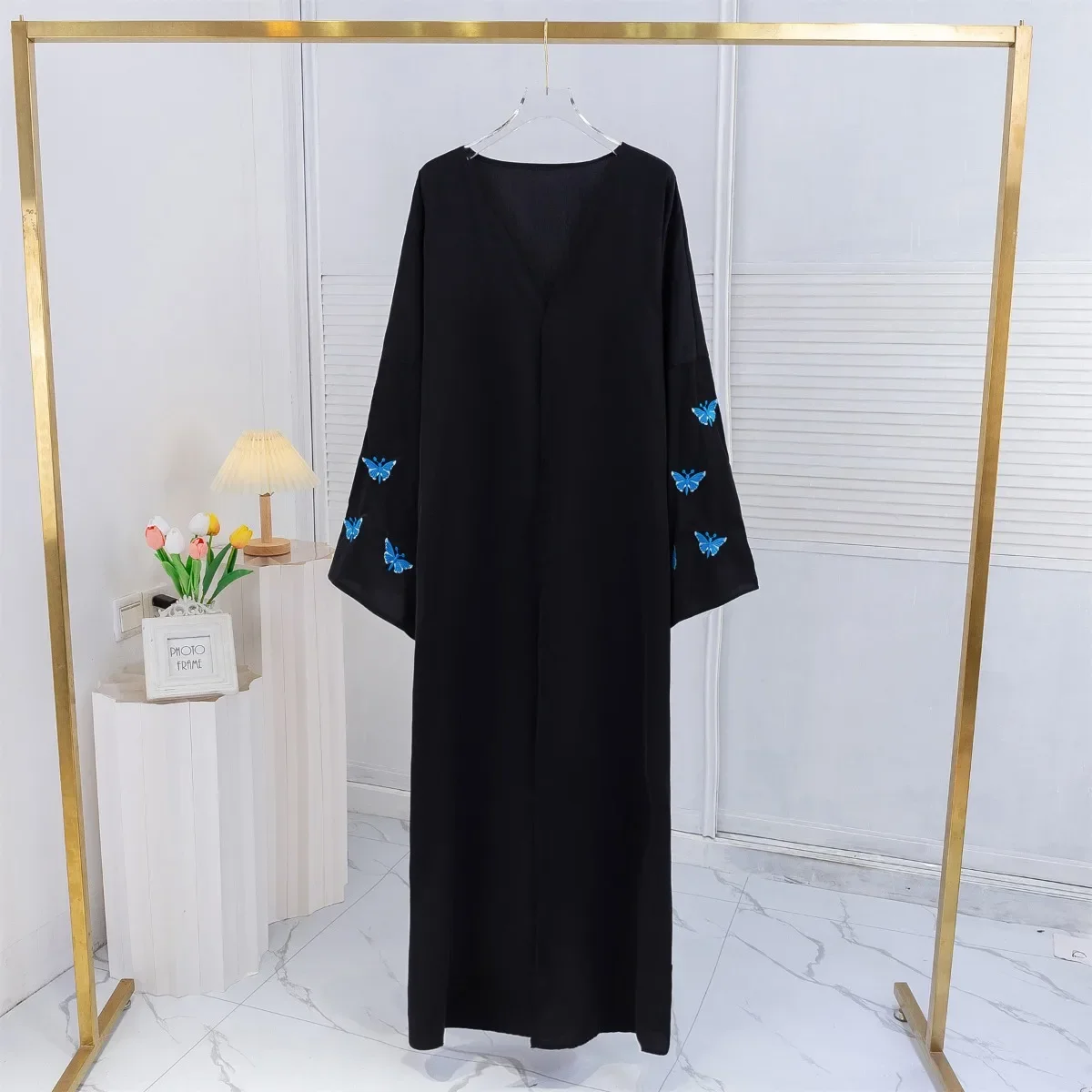 Abaya-Robe maxi à manches longues pour femmes, caftan musulman avec broderie papillon