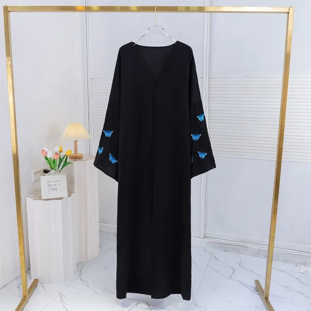 Abaya-Robe maxi à manches longues pour femmes, caftan musulman avec broderie papillon