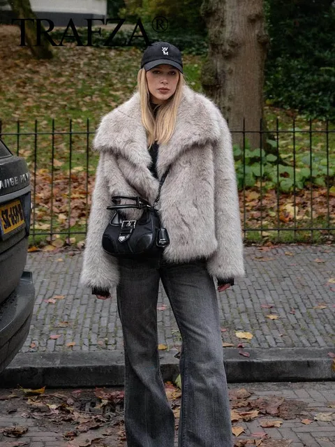 TRAFZA femmes mode recadrée fausse fourrure veste manteau à manches longues avant bouton pression vêtements de dessus pour femmes Chic revers col épais manteau – Image 6