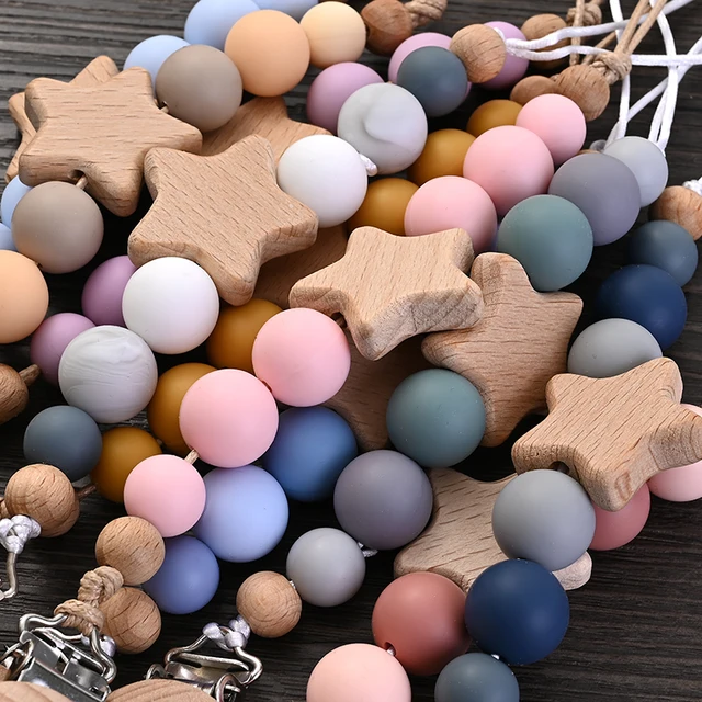 Clips de chaîne de sucette pour bébé, anneau de dentition pentagramme en bois, perles rondes en Silicone, chaîne de dentition pour soins, jouets à mâcher, cadeau de douche, nouvelle collection – Image 3