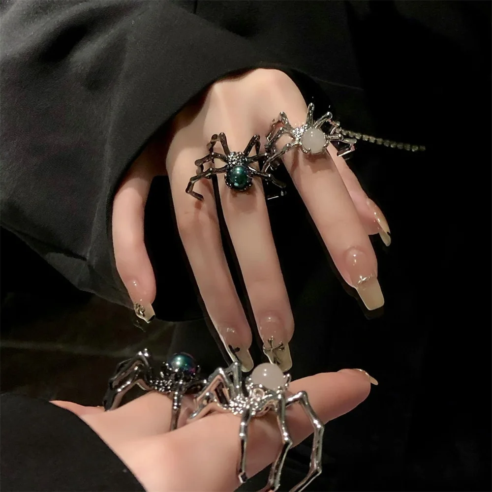 Bague ouverte Punk araignée foncée, pierre de lune rétro noire pour femmes, nouveaux bijoux gothiques, livraison directe, cadeau en gros