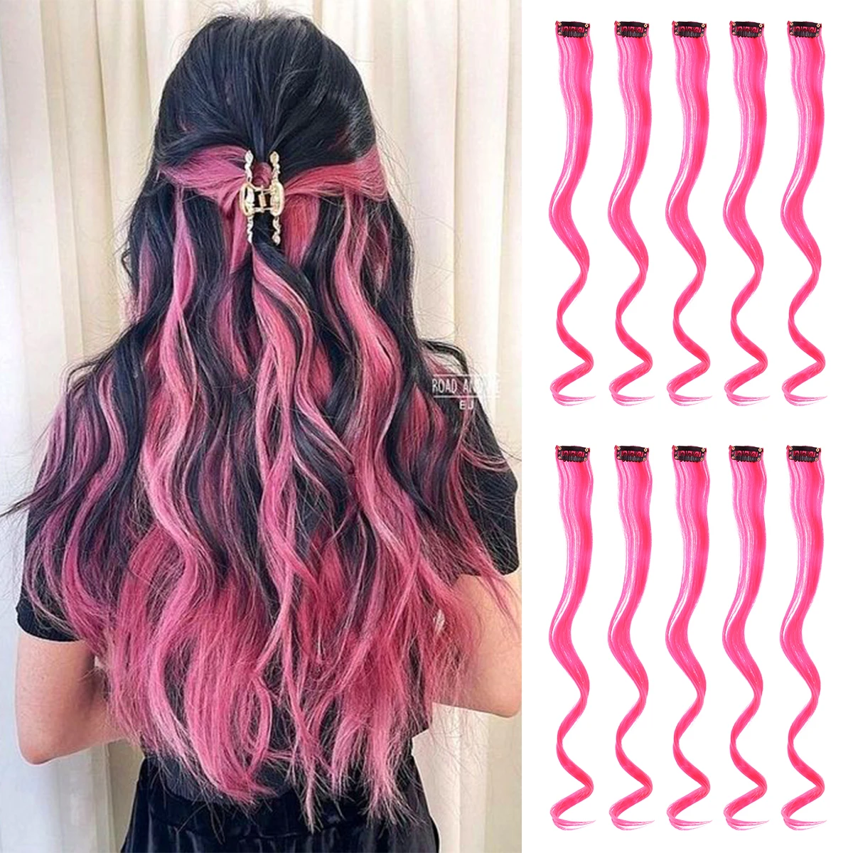 Synthetic Hair Extensions With One Clip Heat Resistant Rainbow Hair Piece For Kid Women Long Curly Wavy Style Colorful Hair10Pcs