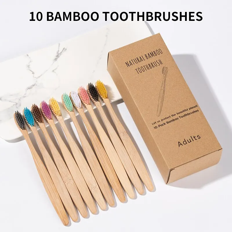 Ensemble de brosses à dents en bambou enveloppées en peau de vache, brosse à dents en bambou, naturel et sain, respectueux de l'environnement, une boîte de 10 pièces