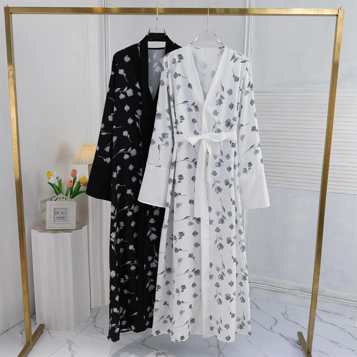 Abaya-Robe longue à manches longues avec ceinture, imprimé floral musulman, devant ouvert, vêtements pour femmes, kaftans, jilbabs