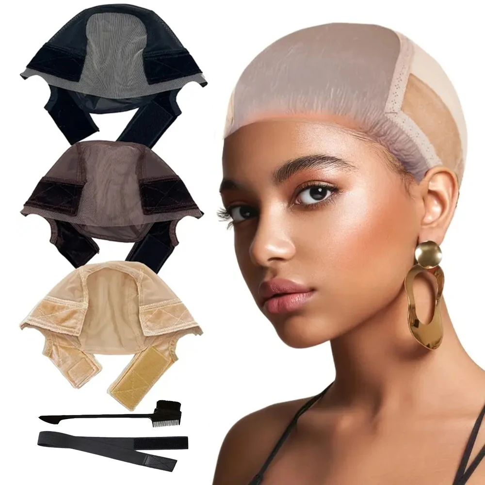 Perruque en dentelle pour femmes, capuchon de poignée réglable, bonnets de perruque antidérapants avec découpes d'oreilles, bandeau Velcro réglable, cadeau de bandage et de brosse