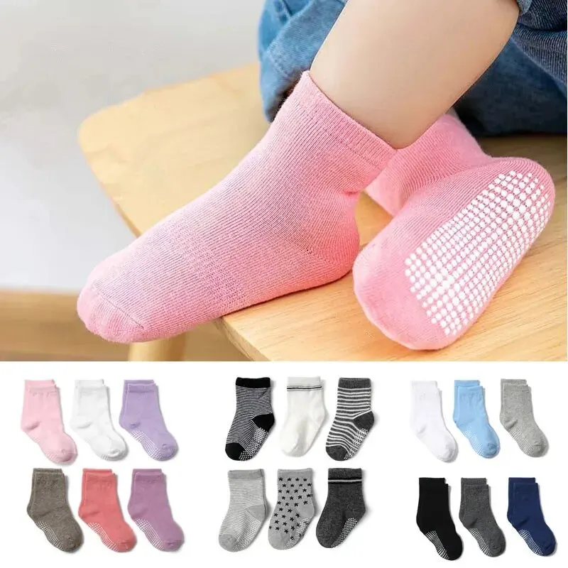 Chaussettes antidérapantes sans cheville, avec poignées, pour bébés, garçons et filles, toutes saisons, chaussettes de sol en coton pour 0 à 3 ans, 6 paires/lot