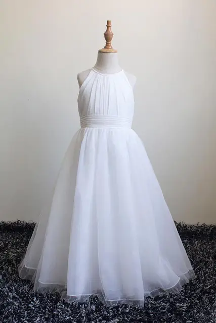 Robe de demoiselle d'honneur en mousseline de soie ivoire simple, licou en filet, robe de Rhjunior, fête d'invité de mariage – Image 4