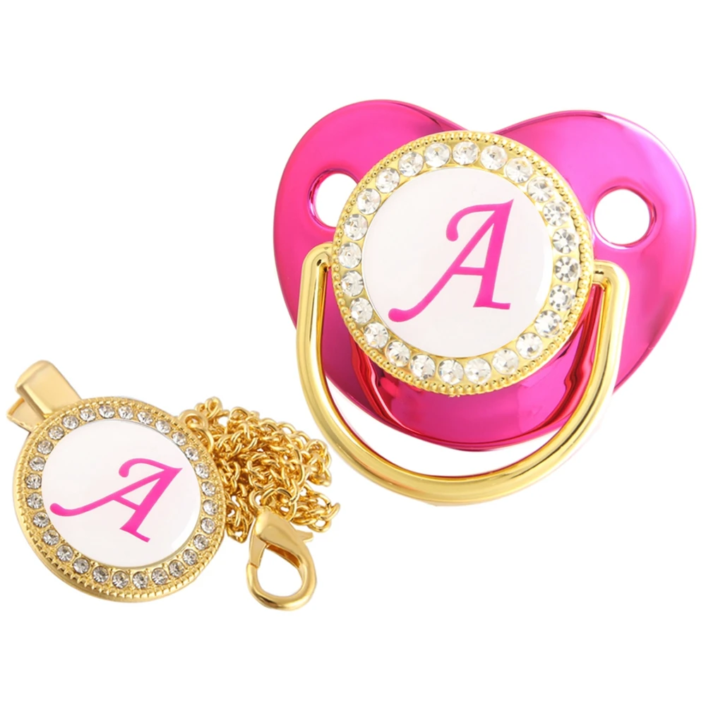 26 lettres initiales Rose rouge bébé sucette avec chaîne sans BPA luxe argent sucette factice