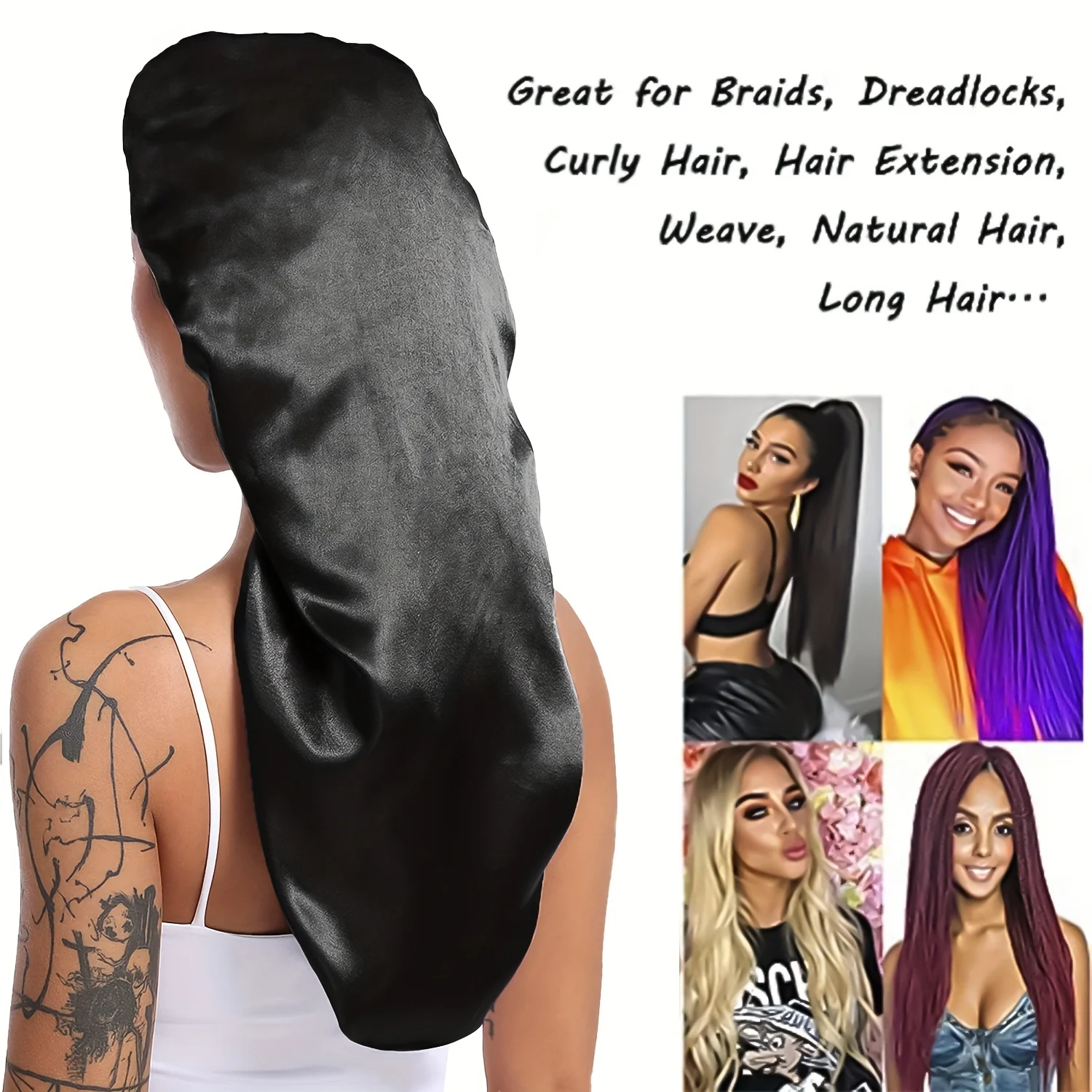 Bonnet de Sommeil Long et Soyeux pour Cheveux Lisses et Bouclés, Extra Large pour Dreadlocks et Tresses, Bonnets de Nuit en Satin, 1 Pièce