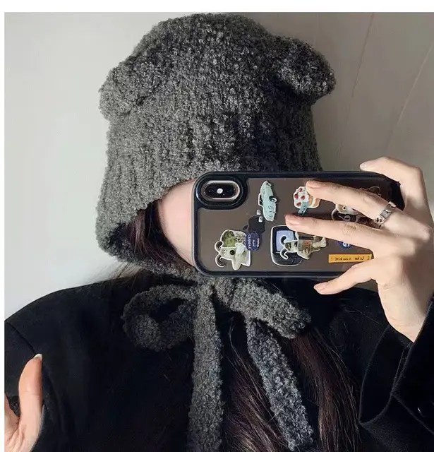 Bonnets en peluche d'hiver mignon ours oreille laine chapeau chaud à lacets Protection des oreilles tricoté Bomber casquette Bonnets tricot corée femmes Gorros – Image 5