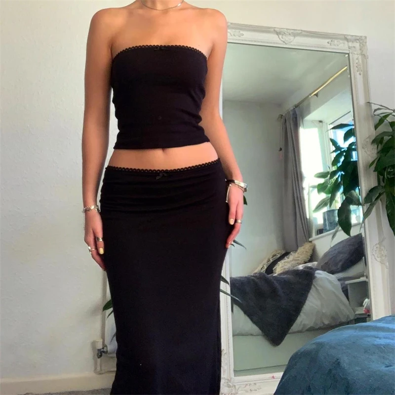 Ensemble jupe longue Vintage 2 pièces pour femmes