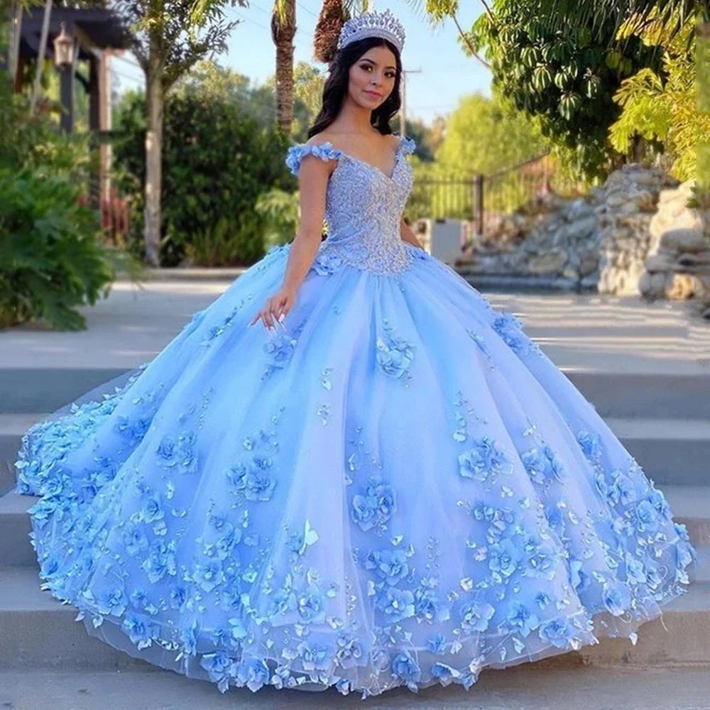 Robe de Rhbleue Quinceanera, robes de fête éducatives, fleur 3D, cendrillon, 16 anniversaire, princesse, quoi que ce soit, 15 ans