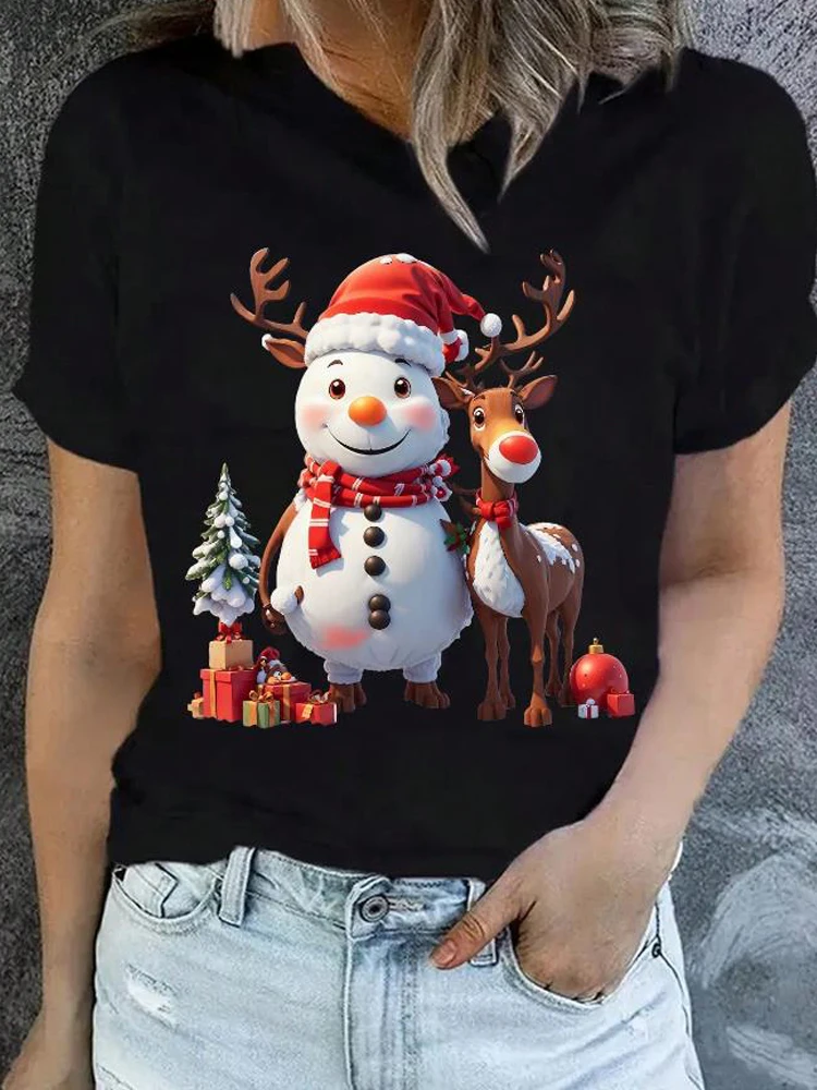 Noël femmes T-Shirt décontracté dessin animé bonhomme de neige renne arbre de noël imprimé femme T-Shirt à manches courtes adapté à toutes les saisons