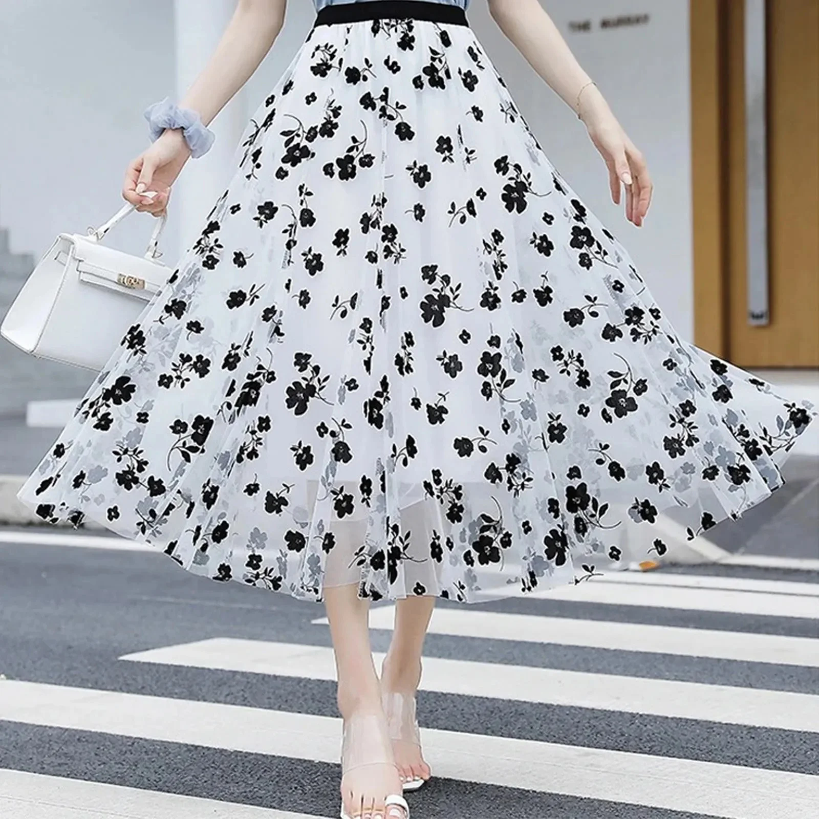 Jupe mi-longue en jacquard de dentelle vintage pour femmes, jupe taille haute élastique, dame de bureau élégante, printemps et été, Y2K
