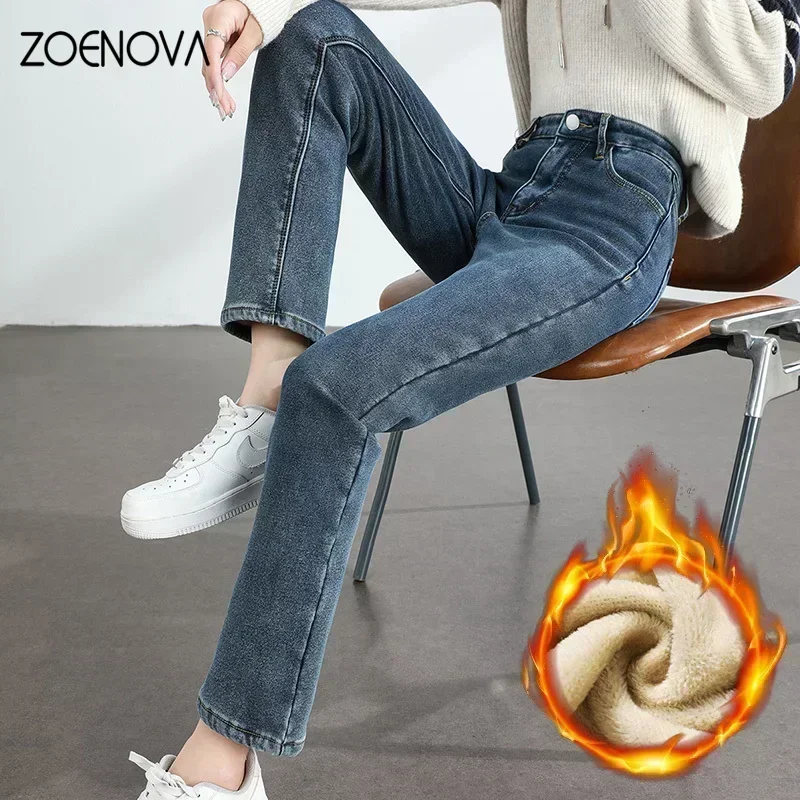 ZOENOVA femmes hiver polaire chaud jean rétro mince droit élastique coton épaissi chaud Denim pantalon mode femme vêtements