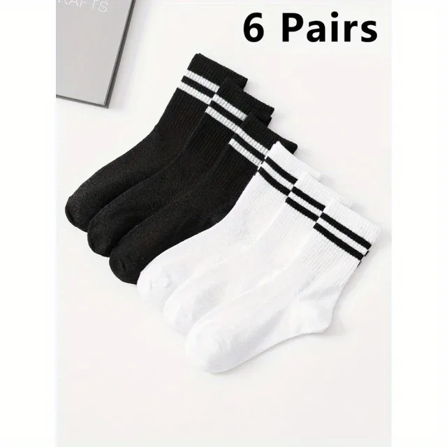 6 Pairs High Tube Mid Length Stockings Set For Men in Solid Black And White With Parallel Bars Popular and Sweat Absorption – Image 2
