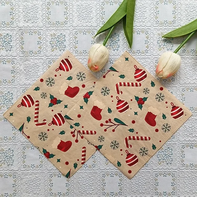 20 pièces/paquet 33cm 2 plis éléments de noël serviettes imprimées série de noël fête napperons en papier jetables papillon Bart papier – Image 3