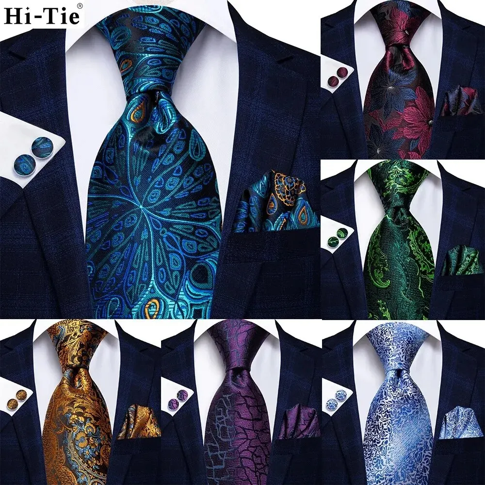 Salut-cravate paon bleu nouveauté concepteur soie cravate de mariage pour hommes Hanky boutons de manchette cadeau hommes mode cravate ensemble fête d'affaires