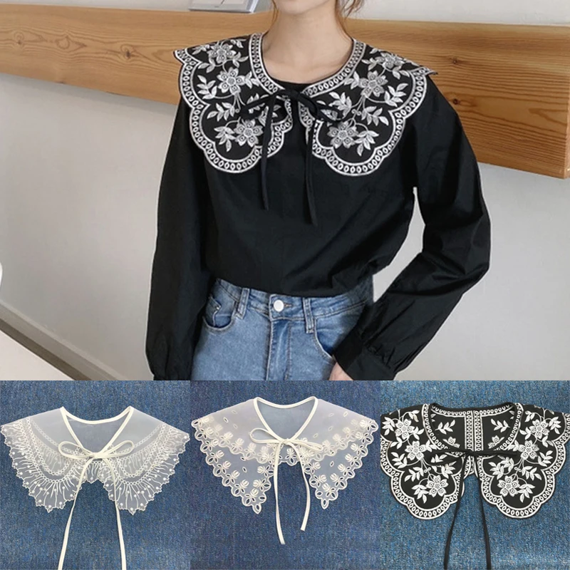 Accessoires de chemise pour femmes, col de poupée, nœud floral brodé, col en dentelle détachable, vêtements polyvalents, chemisier, pulls, faux col
