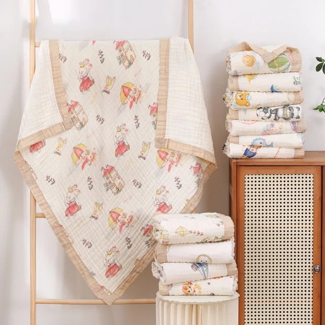 Couverture d'emmaillotage en mousseline imprimée pour nouveau-né, serviette de bain respirante pour bébé, gaze de coton environnementale, 6 couches – Image 5