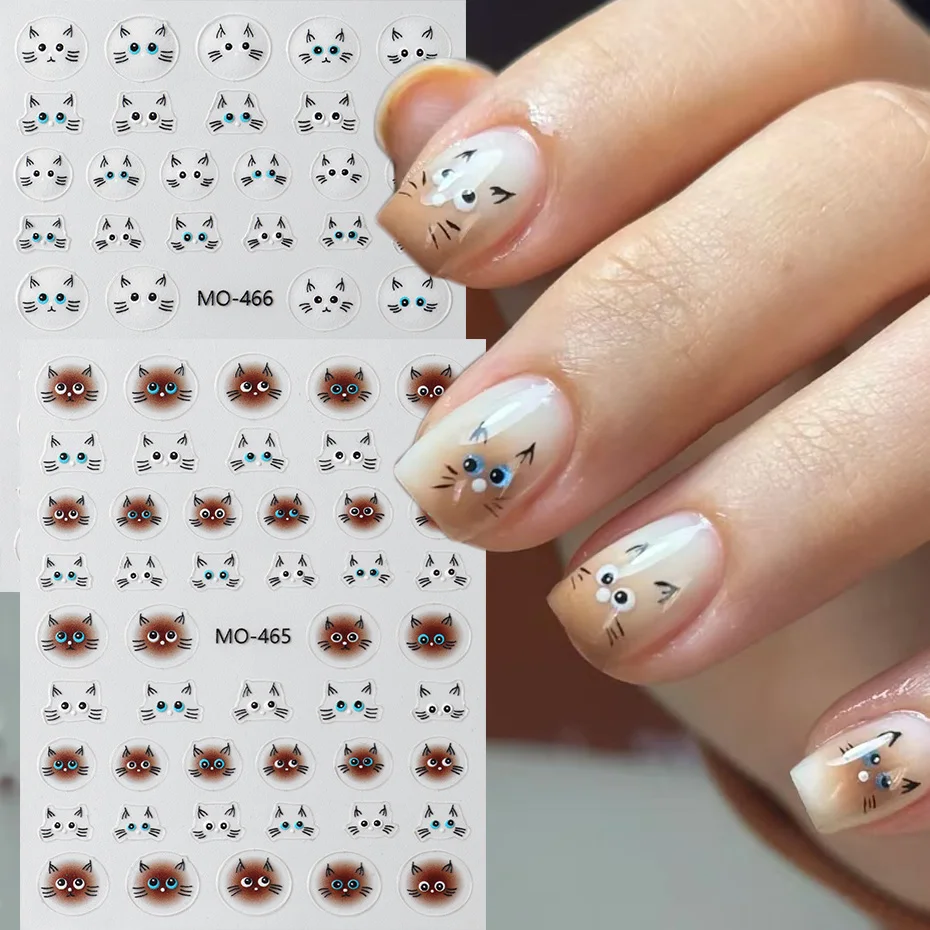 Autocollants pour ongles en forme de chat mignon, dessin animé, visage de chat, décalcomanies semi-transparentes, curseur auto-adhésif, décorations de manucure