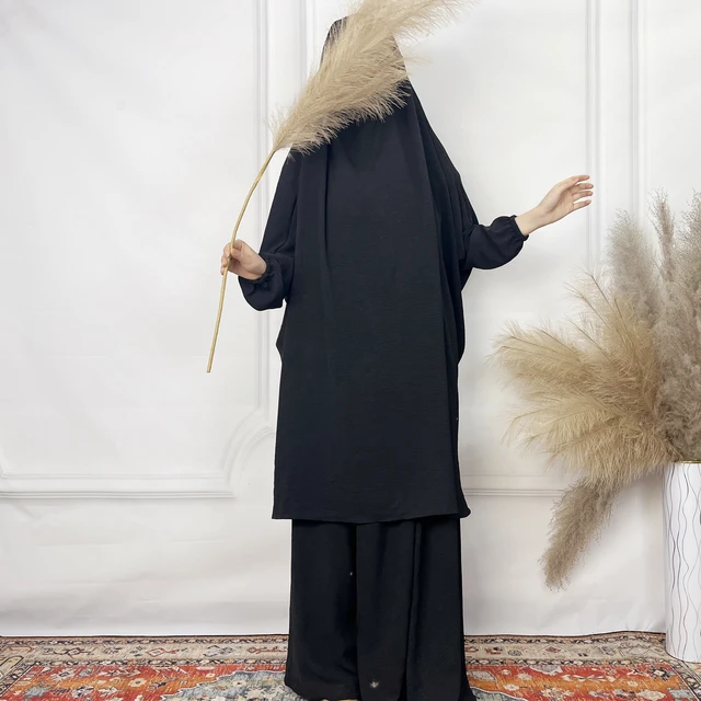 Vêtements musulmans du Moyen-Orient pour femmes, robe unie deux pièces, soie glacée, jupe à bretelles froissées, robe deux pièces pour femmes – Image 4