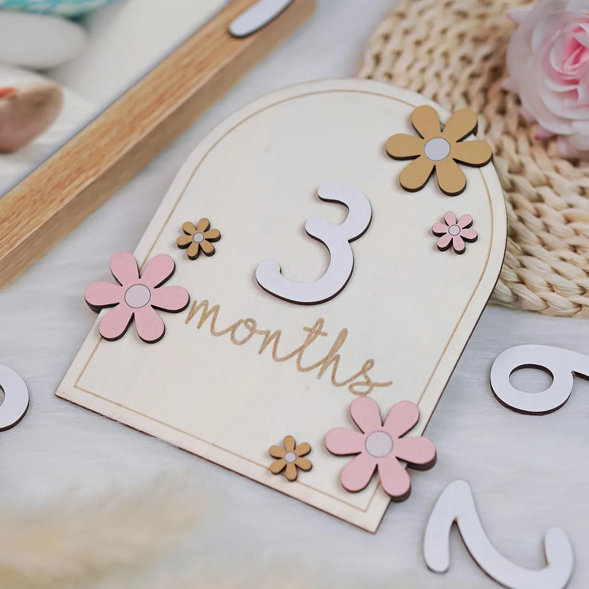 Cartes mensuelles ata lestone en bois pour bébé, fleurs 3D, double face, accessoires de photographie pour nouveau-né, filles et garçons, accessoires photo