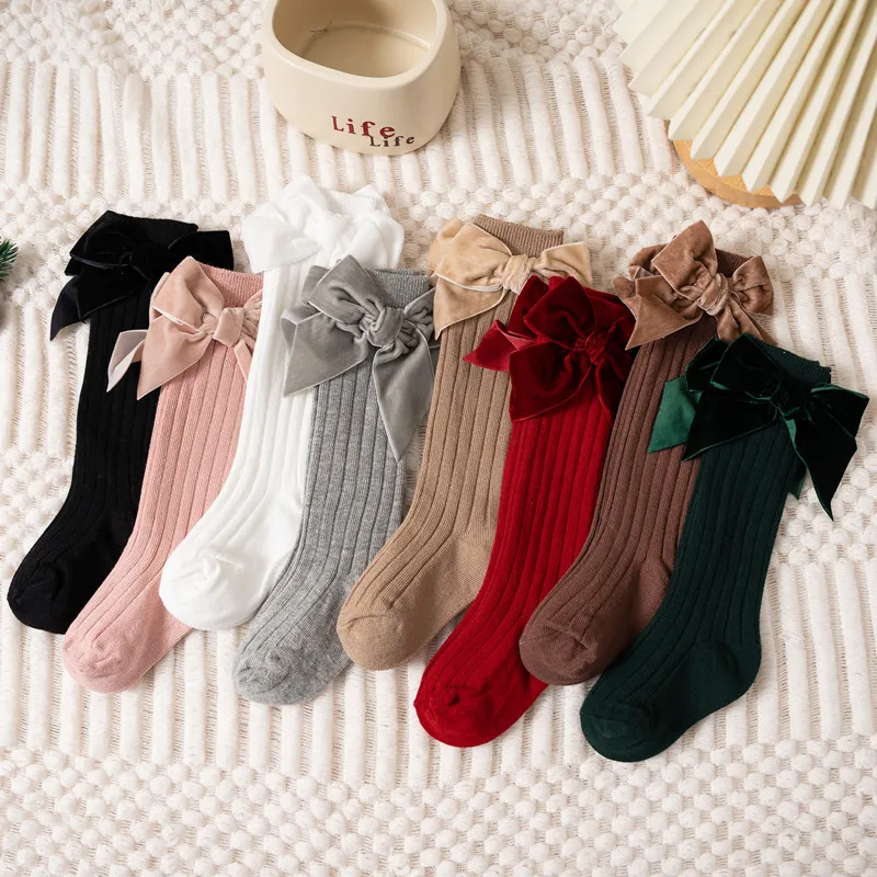 Chaussettes hautes pour bébés filles, automne hiver, enfants, grand nœud, longues, douces, mignonnes, de noël, en coton rouge, pour enfants de 0 à 8 ans