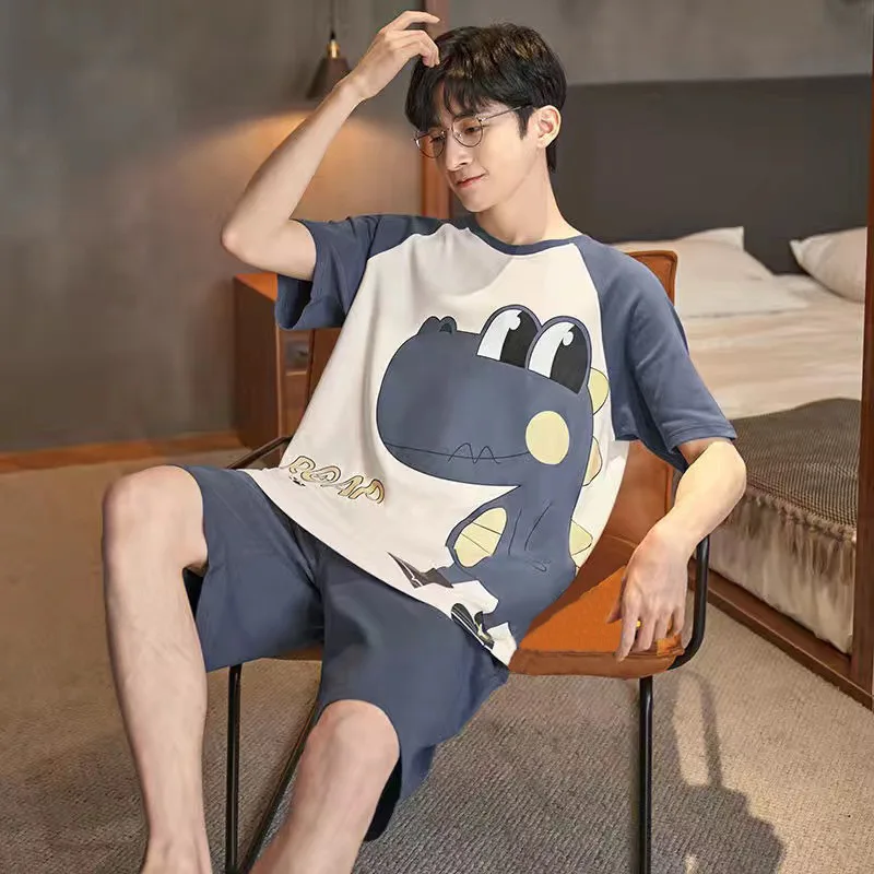 New Men's Pajamas Homewear Set of Teenagers Short-Sleeved Loose Simple Leisure Homewear Set of Fat Plus Size Pajamas Set