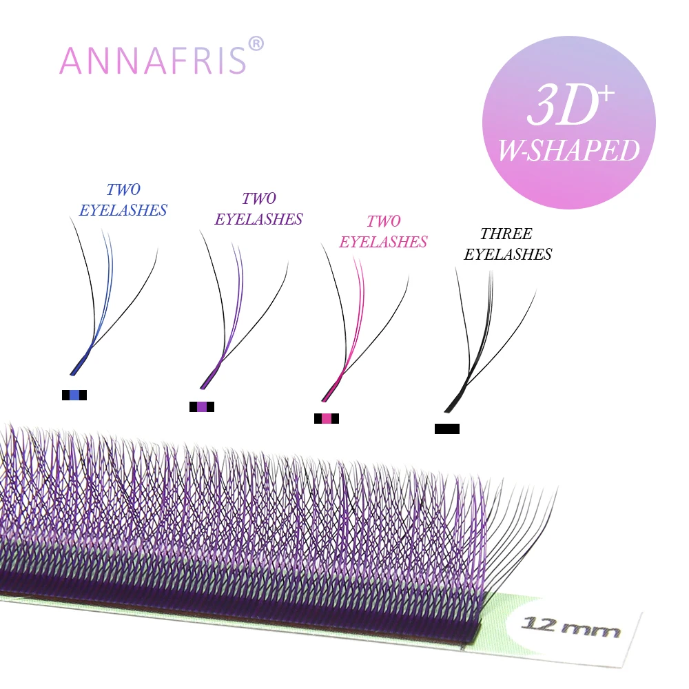 ANNAFRIS Cils en éventail de volume préfabriqués colorés 3D W marron bleu violet en forme de W Extension de cils individuelle à trois noyaux
