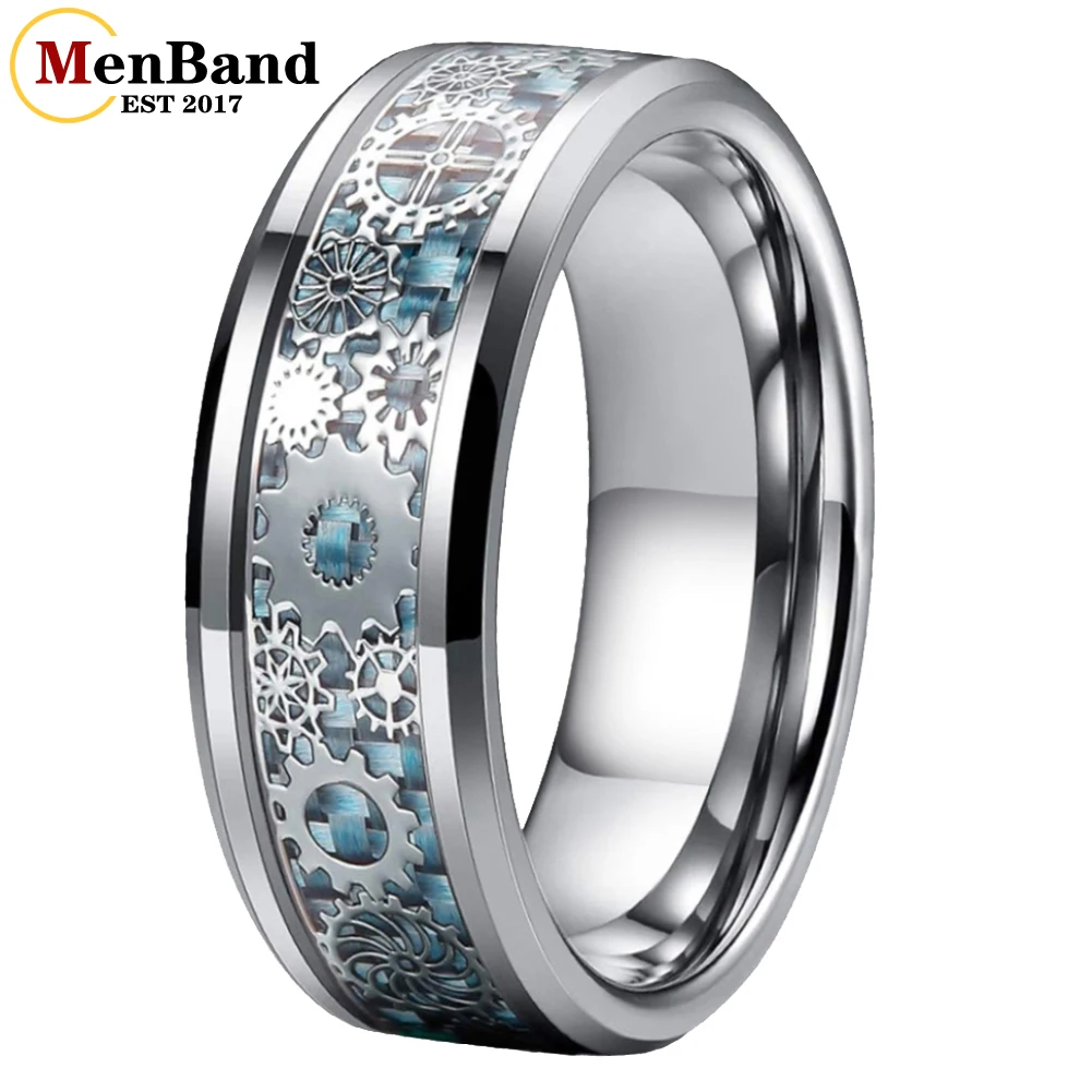 MenBand – bagues uniques en carbure de tungstène, 6/8mm, pour mariage, roue dentée, incrustation en Fiber de carbone bleue, bijoux à la mode, ajustement confortable