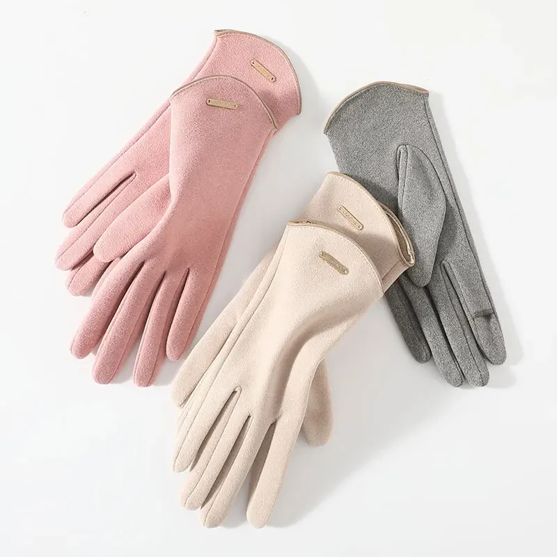 Gants à écran tactile en cachemire fin pour femme, mitaines chaudes, tissu daim, coupe-vent élégant, monochromatique, cyclisme, conduite, mode, automne, hiver