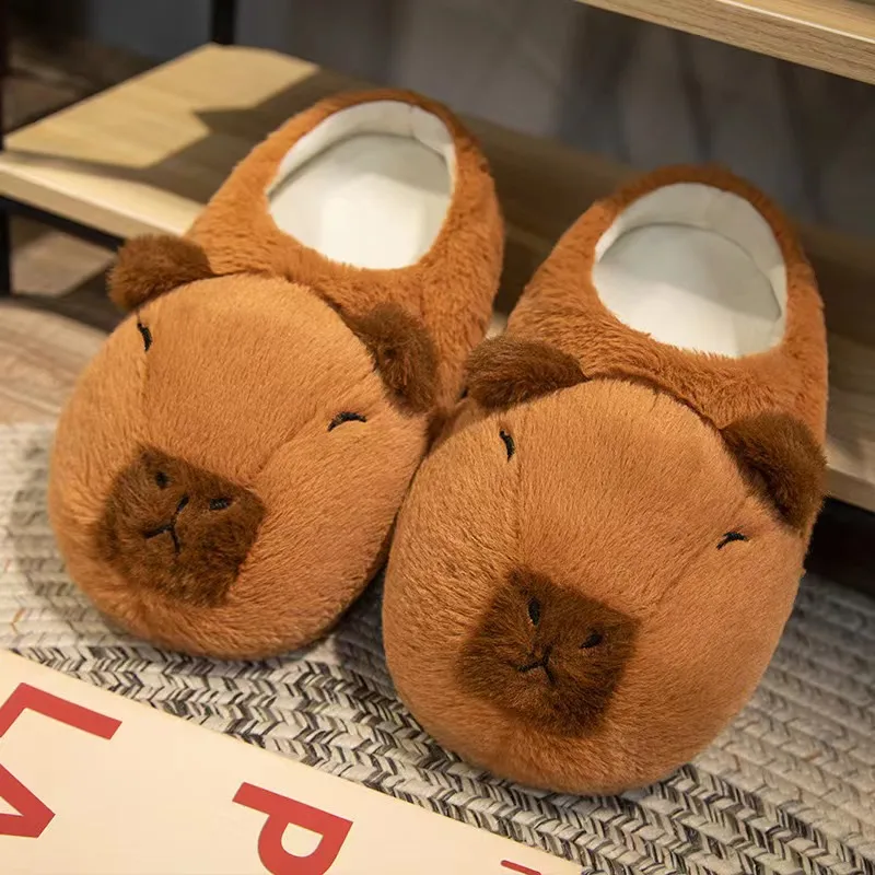 Pantoufles en coton Capybara de dessin animé mignon pour la maison, demi-talon rond, non ald, chaud, respirant, intérieur, chaussures en peluche, couple, doux
