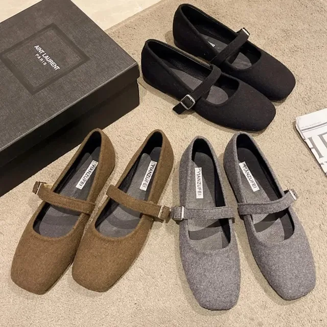 Chaussures Mary Janes en feutre pour femmes, ballerines à bout carré, nouvelle mode avec sangle à boucle, chaussures pour dames, printemps automne – Image 2